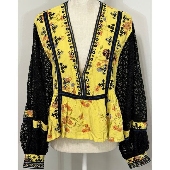 Free People Boogie All Night VNeck Lace Sleeve Peasant Top Shirt Yellow Floral S - Picture 1 of 2